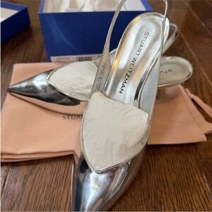 Stuart Weitzman 50 Silver Slingback Kitten Heels | Size 8 | New in Box